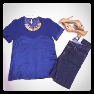 Mazarine blue silk & sheer French Connection top